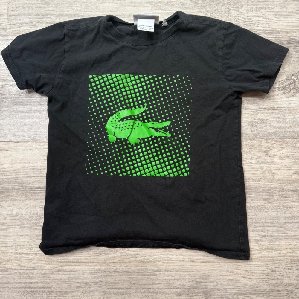 Lacoste Boys Black Green Crocodile Graphic T-Shirt Size 10 Short Sleeve Tee